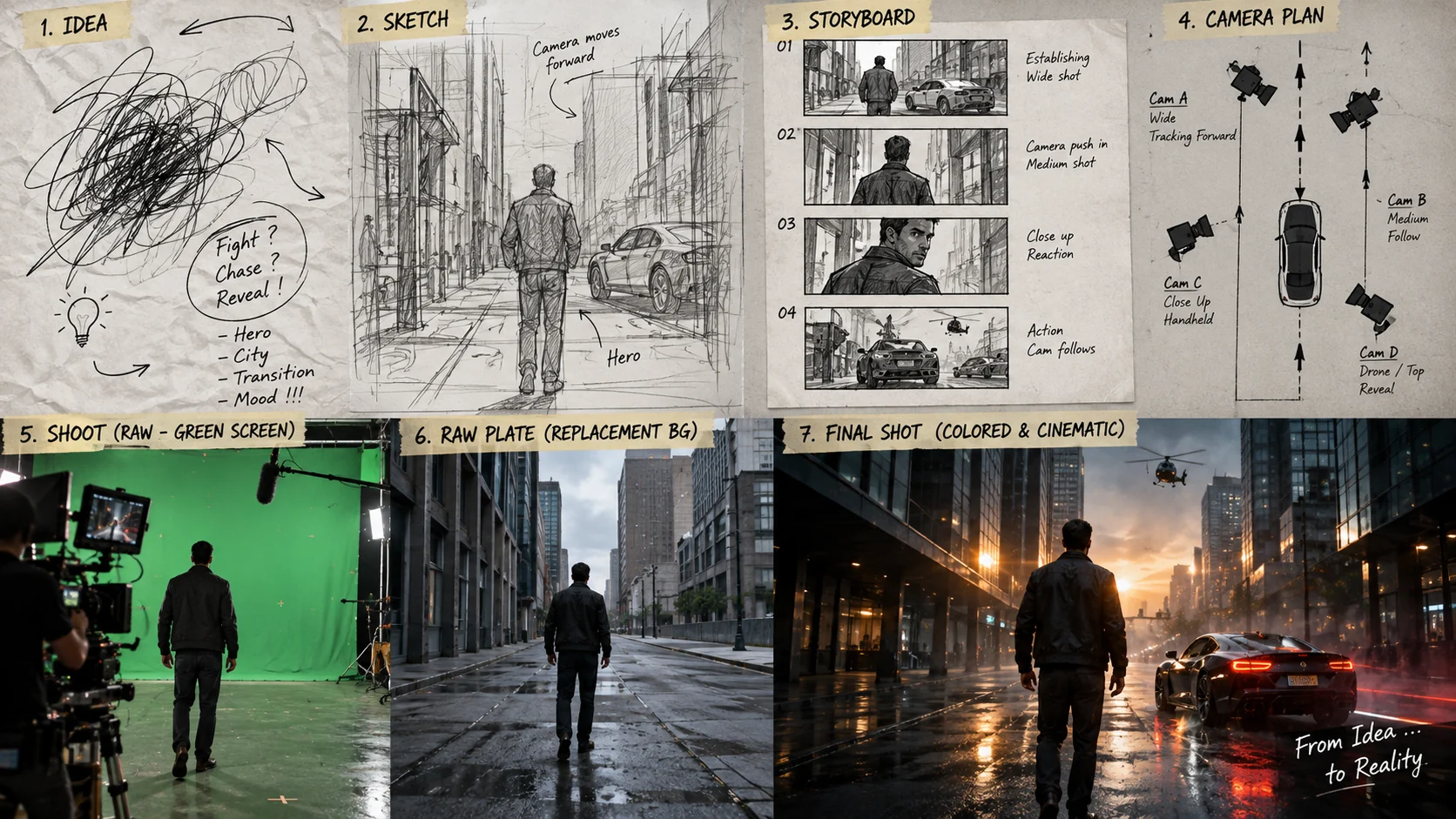 A visual sequence connecting an idea, script, storyboard, camera plan and final scene